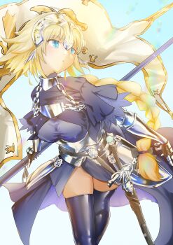 1girl absurdres armor armored_dress beatrix_vivi blonde_hair blue_eyes braid breasts chain commentary_request dress fate/apocrypha fate/grand_order fate_(series) gauntlets headpiece highres holding jeanne_d&#039;arc_(fate) jeanne_d&#039;arc_(ruler)_(fate) large_breasts long_hair looking_at_viewer luminosite_eternelle single_braid solo sword thighhighs very_long_hair weapon