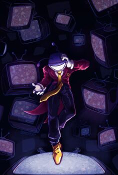 1boy absurdres ant_tenna arm_up artist_name belt_buckle black_pants buckle commentary crt deltarune english_commentary full_body gloves hand_on_own_head hand_up here1snyan highres male_focus necktie object_head pants shirt shoes solo static tailcoat utdr_(toby_fox) white_gloves white_shirt yellow_necktie yellow_shoes