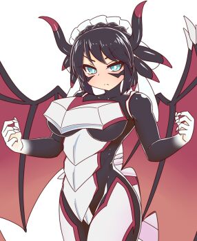 Rule 34 | 1girl, black hair, blue eyes, breasts, cahf/find, cowboy shot, dragon girl, dragon horns, dragon wings, duel monster, facial mark, horns, house dragonmaid, large breasts, maid headdress, medium breasts, simple background, solo, wings, yu-gi-oh!