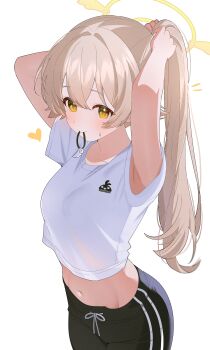 1girl absurdres armpits arms_up black_pants blue_archive breasts brown_hair commentary cropped_shirt drawstring hair_tie_in_mouth halo heart hifumi_(blue_archive) highres long_hair looking_at_viewer medium_breasts midriff mouth_hold navel pants shirt short_sleeves shusuchii simple_background solo symbol-only_commentary track_pants tying_hair white_background white_shirt yellow_eyes yellow_halo