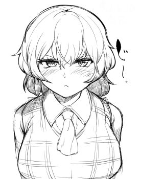 1girl ascot blush breasts closed_mouth commentary_request frown greyscale kazami_yuuka large_breasts looking_at_viewer monochrome plaid_clothes plaid_vest sadahiro_(chicken_nugget_gyuuniku_aji) shirt short_hair simple_background sketch solo touhou upper_body vest