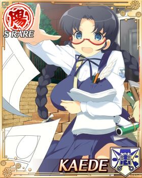 1girl :o ahoge art_supplies bag belt black_hair blue_dress blue_eyes border braid braided_twintails breasts card_(medium) cleavage dress english_text game_cg holding holding_paper kaede_(senran_kagura) large_breasts long_hair long_sleeves low_twintails non-web_source official_alternate_costume official_art outstretched_arm paper pen red-framed_eyewear senran_kagura senran_kagura_new_wave shirt shoulder_bag socks solo twintails white_shirt white_socks
