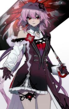 1girl bare_shoulders black_dress black_flower black_gloves black_umbrella commentary cowboy_shot dress earrings empty_(neyo) evernight_(honkai:_star_rail) flower gloves hair_between_eyes hair_flower hair_ornament highres holding holding_umbrella honkai:_star_rail honkai_(series) jewelry long_hair long_sleeves looking_at_viewer march_7th_(honkai:_star_rail) parted_lips pink_hair red_eyes smile solo standing symbol-only_commentary umbrella