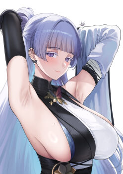 1girl armpits arms_up blunt_bangs blush breasts closed_mouth colored_eyelashes commentary detached_sleeves earrings english_commentary goddess_of_victory:_nikke highres jewelry large_breasts long_hair mechanical_arms mechanical_hands mole mole_on_breast nayuta_(nikke) purple_eyes sideboob signature simple_background single_mechanical_arm single_mechanical_hand solo split-color_clothes thick_eyelashes unusually_open_eyes very_long_hair white_background white_eyelashes wide_sleeves xter