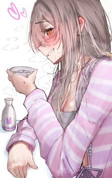 1girl absurdres alcohol blush bottle breasts choko_(cup) cleavage cup drunk goddess_of_victory:_nikke gourd grey_hair highres holding holding_cup iwazaki long_hair looking_at_viewer official_alternate_costume open_mouth sake sake_bottle scarlet_(nikke) smile solo tokkuri very_long_hair yellow_eyes