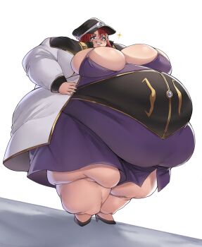 Rule 34 | 1girl, angel wing uniform, big belly, black shoes, blue eyes, blush, breasts, cleavage cutout, clothing cutout, coat, commission, commissioner upload, dasan242, dress, epaulettes, fat, fat rolls, fat woman, forte stollen, from below, galaxy angel, gold trim, hair between eyes, hand on own hip, hat, highres, huge breasts, looking at viewer, monocle, obese, peaked cap, puffy sleeves, purple dress, red hair, shoes, skindentation, smug, solo, underbust, white background, white coat
