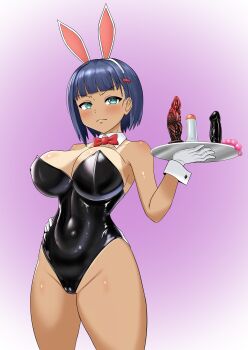 1girl absurdres anal_beads animal_ear_hairband animal_ears aqua_eyes black_leotard blue_hair breasts cameltoe commentary_request cowboy_shot dark-skinned_female dark_skin detached_collar dildo fake_animal_ears frown gloves hairband hand_on_own_hip harigane_mutsumi_(harigane623) highres holding holding_tray kanagi_haruka large_breasts leotard looking_at_viewer lube original playboy_bunny rabbit_ear_hairband rabbit_ears sex_toy short_hair solo strapless strapless_leotard tan tanline tray white_gloves