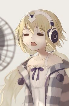 1girl absurdres anata6350 bare_shoulders blonde_hair blurry blurry_foreground camisole closed_eyes coat coat_on_shoulders fate/grand_order fate_(series) floating floating_hair fur-trimmed_coat fur_trim grey_sweater headphones highres jeanne_d'arc_(fate) low_twintails metatron_jeanne_(fate) metatron_jeanne_(second_ascension)_(fate) nightgown open_mouth simple_background sleepwear solo striped_clothes striped_sweater sweater teeth twintails upper_teeth_only ventilator white_background white_camisole wind
