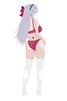 1girl absurdres ahoge ass back bare_shoulders blush bow bra breasts bright_moon carlotta_(wuthering_waves) earrings from_behind full_body hair_bow hairband highres jewelry lingerie long_hair looking_at_viewer looking_back medium_breasts panties pink_bow pink_bra pink_hairband pink_panties skindentation solo tacet_mark_(wuthering_waves) thighhighs underwear very_long_hair white_hair white_thighhighs wuthering_waves