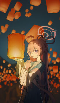 1girl absurdres ahoge blue_archive hagoromo hair_between_eyes hair_ornament halo heterochromia highres holding hoshino_(blue_archive) hoshino_(mid-autumn_festival)_(blue_archive) lantern lishu_(2013547716) long_hair long_sleeves looking_at_viewer night open_mouth paper_lantern pink_hair purple_eyes shawl sky_lantern smile solo yellow_eyes