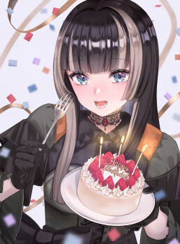 Rule 34 | 1girl, absurdres, black bow, black gloves, black hair, blonde streaks, blue eyes, blunt bangs, blunt sidelocks, bow, cake, candle, choker, commentary request, confetti, cross-laced clothes, cross-laced dress, food, fork, frilled shirt collar, frills, fruit, gloves, gold ribbon, happy birthday, highres, hime cut, holding, holding fork, holding plate, hololive, hololive dev is, juufuutei raden, lace, lace choker, light blush, long hair, long sleeves, looking at viewer, multicolored hair, open mouth, plate, sakaiyuuna, sidelocks, solo, sparkle, straight hair, strawberry, streaked hair, two-tone hair, upper body, virtual youtuber, white background