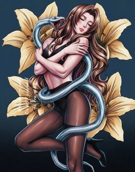 Rule 34 | aerith gainsborough, alternate costume, animalization, bare arms, black bra, black panties, black shoes, blush, bra, breasts, brown hair, brown pantyhose, cleavage, closed eyes, closed mouth, crossed arms, final fantasy, final fantasy vii, flower, gradient background, green eyes, high heels, hissing, lily (flower), long hair, medium breasts, midriff, monsterbf1ilove, open mouth, panties, pantyhose, parted bangs, sephiroth, shoes, sidelocks, slit pupils, snake, strappy heels, twitter username, underwear, yellow flower