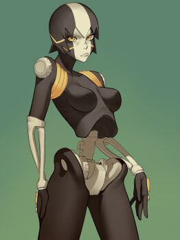 1girl absurdres breasts closed_mouth foo_fighters_(jojo) green_background highres joints jojo_no_kimyou_na_bouken looking_at_viewer machine mechanical_arms mechanical_legs mechabare mechanical_spine mechanization meikaa orange_eyes robot robot_joints simple_background small_breasts solo spine standing stone_ocean