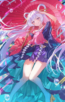 1girl absurdres arm_up bare_legs blue_eyes blush bubble chou_kaguya-hime! commentary_request frills full_body hair_ornament hair_rings hair_stick hezi_(measukivov) highres holding holding_umbrella japanese_clothes kimono knees_together_feet_apart long_hair long_sleeves looking_at_viewer multicolored_eyes oil-paper_umbrella parted_lips pink_eyes purple_skirt red_umbrella runami_yachiyo signature skirt smile solo twintails umbrella very_long_hair white_hair wide_sleeves