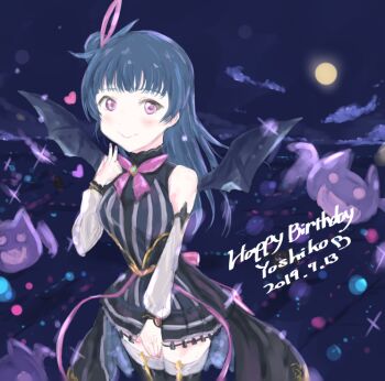 1girl 2019 artist_name artist_request bare_shoulders bat_wings black_legwear black_wings blue_hair blush bow cloud dress feather_hair_ornament feathers female_focus hair_bun hair_ornament long_hair looking_at_viewer love_live! love_live!_sunshine!! moon purple_bow red_eyes single_hair_bun skirt smile solo song_name striped_clothes striped_dress tsushima_yoshiko v wings