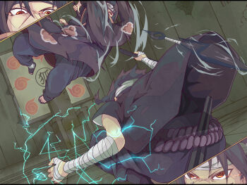 2boys action bandages battle black_hair brothers cloak crack cracked_wall dodging dutch_angle electricity electrokinesis fighting floor forehead_protector headband highres holding indoors jumping kunai leaping lightning looking_at_another multiple_boys naruto_(classic) naruto_(series) pants patterned red_eyes reverse_grip robe sandals sharingan sheath short_hair siblings squatting sword throne throwing uchiha_itachi uchiha_sasuke weapon yakitori_(artist)