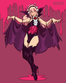 arms_up blood blood_from_mouth boots bulge cape commentary corset crossdressing english_commentary flower full_body genderswap genderswap_(ftm) grin highres leotard long_hair nitroplus pink_hair purple_boots purple_leotard red_corset red_eyes red_flower ripushko smile solo standing super_sonico thigh_boots trap vampire