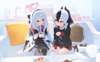 2girls bag black_thighhighs blue_archive breasts cake choker coffee coffee_mug couch cup cushion demon_horns demon_wings food hairband halo highres horns kayoko_(blue_archive) kei_(blue_archive) kei_(new_body)_(blue_archive) mug multiple_girls necktie nnmbpx pink_halo school_uniform skirt small_breasts table thighhighs white_hair white_halo wings