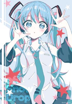 1girl arm_warmers black_arm_warmers black_skirt blue_background blue_eyes blue_hair blue_necktie blush collared_shirt commentary_request english_text frilled_shirt frills grey_shirt hair_between_eyes hands_up hatsune_miku headphones headset long_hair looking_at_viewer multicolored_hair necktie parted_lips pleated_skirt red_hair shirt sidelocks skirt sleeveless sleeveless_shirt solo streaked_hair tono_kabeuchi tweet upper_body vocaloid white_background