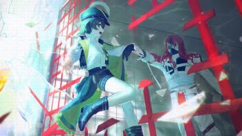 1boy 1girl :d aleph_(reverse:1999) black_boots black_gloves black_shorts black_vest boots breasts broken_glass brown_hair cape cleavage covered_face foot_out_of_frame from_outside glass glass_shards gloves green_cape green_eyes green_hat hat hat_feather highres holding_another&#039;s_wrist in_cell iron_bars long_hair looking_at_another newsboy_cap open_mouth outstretched_arm pants pantyhose prison_cell recoleta_(reverse:1999) red_hair reverse:1999 shirt short_hair short_shorts shorts smile standing standing_on_one_leg tile_wall tiles vest white_pants white_pantyhose white_shirt xjsbca