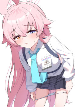 1girl absurdres ahoge blue_archive blue_eyes blush clothes_pull female_focus halo heterochromia highres hoshino_(blue_archive) loli long_hair long_sleeves looking_at_viewer natukuzira necktie orange_eyes panties panty_pull pink_hair school_uniform simple_background skirt solo standing sweat thighs underwear white_background