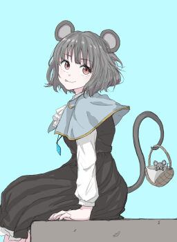 Rule 34 | 1girl, :p, animal, animal ears, ascot, basket, blue background, blue capelet, blush, capelet, crystal, frilled ascot, frilled skirt, frills, grey hair, grey skirt, grey vest, hand rest, highres, holding, holding basket, jewelry, kashiwada kiiho, long sleeves, mouse (animal), mouse ears, mouse girl, mouse tail, nazrin, necklace, pendant, red eyes, shirt, short hair, sitting, skirt, solo focus, tail, tongue, tongue out, touhou, vest, white ascot, white shirt