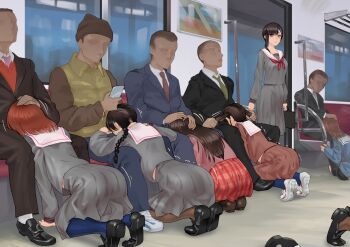 5boys 6+girls ass black_hair braid breasts brown_hair cellphone change_in_common_sense dokiyuri faceless fellatio fellatio_lineup formal_clothes grabbing_another's_hair grabbing_another's_twintails grey_skirt group_sex hands_on_another's_head highres holding_another's_hair kneeling medium_breasts motion_lines multiple_boys multiple_girls oral orgy original parted_lips phone pink_eyes pleated_skirt public_indecency red_hair school_uniform serafuku shoes sitting skirt sneakers standing suit train train_interior twin_braids twintails watching