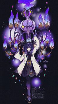1girl :o arms_up belt black_dress black_hair black_pantyhose black_shoes blue_gloves blunt_bangs bob_cut chandelier chandelure coat commentary_request dot_nose dress fire full_body gen_5_pokemon gloves gradient_hair gwynn_(pokemon) hat highres kawasaki_(kwsk_8765) long_sleeves looking_at_viewer mega_chandelure mega_pokemon mega_stone mismatched_eyes multicolored_hair nintendo o-ring o-ring_belt open_clothes open_coat open_mouth pantyhose partially_fingerless_gloves pokemon pokemon_(creature) pokemon_legends:_z-a purple_background purple_eyes purple_fire purple_gloves purple_hair shoes short_hair signature standing watermark white_coat yellow_eyes
