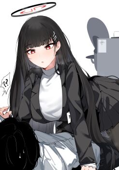 1boy 1girl ? ?? absurdres black_hair blue_archive chair cum cum_on_body cum_on_legs cup halo hetero highres leaning_forward long_hair office_chair plentyofempty red_eyes rio_(blue_archive) swivel_chair table vaginal white_background