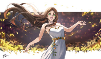 1girl aerith_gainsborough aerith_gainsborough_(white_floral_dress) arialla_draws bare_arms bare_shoulders border breasts brown_hair cleavage dress dress_flower falling_petals final_fantasy final_fantasy_vii final_fantasy_vii_rebirth final_fantasy_vii_remake flower green_eyes highres long_dress long_hair medium_breasts music official_alternate_costume open_mouth parted_bangs petals rose sidelocks singing solo strapless strapless_dress white_border white_dress yellow_flower yellow_petals yellow_rose