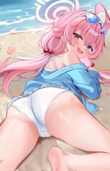 1girl ahoge ass beach bikini blue-tinted_eyewear blue_archive blue_eyes blue_jacket chocola_vt eyewear_on_head fang frilled_bikini frills hair_bobbles hair_ornament halo heterochromia highres hoshino_(blue_archive) hoshino_(swimsuit)_(blue_archive) jacket loli long_hair looking_at_viewer low_twintails official_alternate_costume open_mouth outdoors pink_hair pink_halo sand skin_fang solo sunglasses swimsuit teasing tinted_eyewear twintails water white-framed_eyewear white_bikini yellow_eyes
