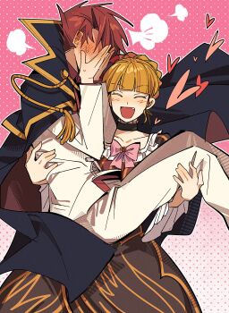 Rule 34 | 1boy, 1girl, beatrice (umineko), black cape, black dress, blonde hair, blush, bow, cape, carrying, carrying person, choker, closed eyes, commentary, covering own face, dress, english commentary, fang, formal clothes, frills, gold trim, heart, hetero, highres, husband and wife, netcze41xeopp02, pink bow, red hair, short hair, smile, suit, umineko no naku koro ni, ushiromiya battler, white suit