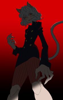 1other animal_ears betti_(xx_betti) breasts cat_ears cat_tail doll_joints highres hunter_x_hunter joints long_sleeves neferpitou other_focus red_background shorts simple_background small_breasts smile solo tail white_hair