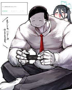 1boy 1girl ^_^ absurdres aris_(blue_archive) black_hair black_pants blue_archive borrowed_character chibi closed_eyes commentary_request commission controller game_controller gamer_dev_sensei_(blue_archive) hair_between_eyes halo highres holding holding_controller holding_game_controller indian_style long_hair_between_eyes muscular muscular_male necktie nubebenbe odaibako pants playing_games red_necktie request_inset sensei_(blue_archive) shirt sitting translation_request white_shirt