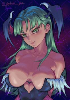 1girl agitato black_leotard capcom darkstalkers demon_wings green_eyes green_hair head_wings highres leotard long_hair looking_at_viewer morrigan_aensland smile solo strapless strapless_leotard upper_body wings