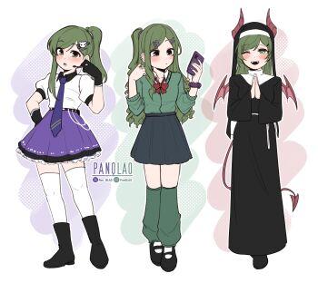 1girl absurdres black_dress blush bow bowtie breasts cardigan collared_shirt commentary demon_girl demon_horns demon_tail demon_wings dress earrings frills gloves green_eyes green_hair gyaru hair_ornament hairclip highres holding holding_microphone horns idol idol_clothes igarashi_futaba jewelry kogal layered_skirt looking_at_viewer loose_bowtie loose_socks medium_hair microphone necktie nun nun_headdress one_eye_closed open_collar open_mouth own_hands_clasped own_hands_together panqlao petite pleated_skirt ponytail praying school_uniform scrunchie senpai_ga_uzai_kouhai_no_hanashi shirt skirt small_breasts smile socks tail traditional_nun white_shirt wings wrist_scrunchie
