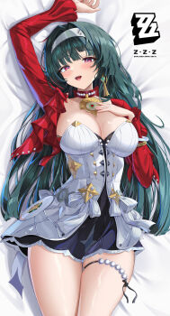 1girl absurdres astra_yao black_hair breasts cleavage commentary_request copyright_logo dakimakura_(medium) dokimaru dress earrings hairband highres jacket jewelry large_breasts logo long_hair looking_at_viewer lying necklace on_back on_bed open_mouth pearl_necklace purple_eyes red_jacket solo thigh_strap thighs very_long_hair white_dress white_hairband zenless_zone_zero