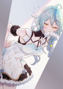 1girl absurdres adjusting_clothes ahoge apron aqua_hair bare_shoulders blue_hair blue_streaks blush braid breasts chinese_knot colored_bangs cowboy_shot detached_sleeves diamond-shaped_pupils diamond_(shape) dress dressing flying_sweatdrops frills hair_between_eyes hair_ornament hand_on_own_hip highres indoors ku_ka_00 leaning_forward locker locker_room long_hair looking_at_viewer maid maid_apron maid_headdress medium_breasts multicolored_hair nijisanji peeking simple_background skirt solo streaked_hair sweat sweatdrop symbol-shaped_pupils tamanoi_nana tamanoi_nana_(maid) virtual_youtuber white_apron yellow_eyes