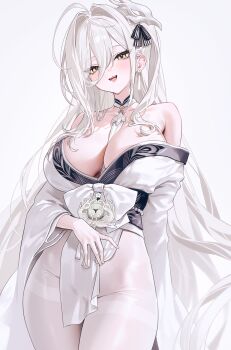 1girl azur_lane bird_mask blush breasts cleavage commentary_request cowboy_shot earrings fymrie hair_between_eyes hair_intakes hair_ornament hakuhou_(azur_lane) highres japanese_clothes jewelry kimono large_breasts long_bangs long_hair long_hair_between_eyes looking_at_viewer mask mask_on_head open_mouth pantyhose pelvic_curtain short_kimono simple_background smile solo tassel very_long_hair white_background white_hair white_kimono white_pantyhose wide_sleeves yellow_eyes