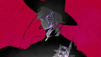 1boy absurdres artist_name black_hat black_robe facial_mark fingernails hashtag-only_commentary hat highres kpop_demon_hunters long_fingernails looking_at_viewer male_focus nijisanji nijisanji_en nrnmarie parted_lips red_background robe sharp_fingernails short_hair simple_background smirk solo upper_body vezalius_bandage virtual_youtuber yellow_eyes