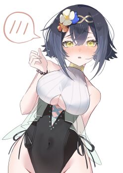 1girl absurdres amber_(stella_sora) bare_shoulders black_hair blush breasts covered_navel flower gaohuang43450 hair_ornament highres large_breasts looking_at_viewer nose_blush ribbon short_hair sideless_dress sleeveless spoken_blush standing stella_sora underboob white_background yellow_eyes