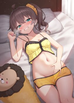 1girl :d ahoge aqua_eyes bare_arms black_ribbon blush breasts brown_hair camisole commentary_request ebi_frion_(natsuiro_matsuri) frilled_camisole frills grin hair_ornament hair_ribbon hair_scrunchie highres hololive indoors kotone_neruneru looking_at_viewer lying medium_hair natsuiro_matsuri natsuiro_matsuri_(matsuri's_day_off) navel official_alternate_costume on_back on_bed open_mouth ribbon scrunchie short_shorts shorts side_ponytail small_breasts smile solo stomach strap_lift virtual_youtuber yellow_camisole yellow_scrunchie yellow_shorts