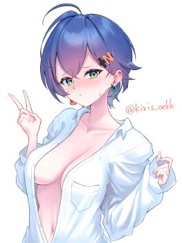 1girl ahoge aimo_wotku belle_(zenless_zone_zero) blue_hair blush breasts breasts_apart closed_mouth collarbone collared_shirt commentary_request crossed_bangs double-parted_bangs dress_shirt earclip earrings embarrassed frown furrowed_brow green_eyes hair_between_eyes hands_up highres jewelry large_breasts looking_at_viewer naked_shirt navel nose_blush open_clothes open_shirt oversized_clothes oversized_shirt paid_reward_available shirt short_hair sleeves_past_wrists solo sweatdrop tsurime twitter_username upper_body v variant_set white_shirt wolf_cut zenless_zone_zero