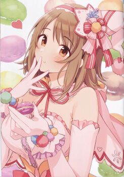Rule 34 | 1girl, bad link, bare shoulders, blush, breasts, food, hair ornament, highres, idolmaster, idolmaster cinderella girls, macaron, mimura kanako, short hair, tomari (veryberry00)