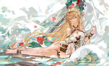 1girl ankle_wrap anklet arknights arm_ribbon arm_support bare_shoulders bead_anklet beads blonde_hair blue_eyes blue_nails braid breasts brooch casual_one-piece_swimsuit cleavage closed_mouth detached_sleeves dragon_horns flower forward-facing_horns hair_between_eyes hair_ornament hairband highres horns jewelry large_breasts long_hair looking_at_viewer lying mento official_alternate_costume on_side one-piece_swimsuit partially_submerged petals pointy_ears red_flowers ribbon saileach_(arknights) saileach_(summer_flowers)_(arknights) shell shell_brooch shell_hair_ornament side_braid smile solo swimsuit thigh_strap very_long_hair water