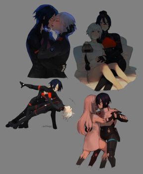 2girls android ariane_yeong black_hair closed_eyes commentary controller couple cropped_legs cy_(corow) dancing dress elster_(signalis) english_commentary french_kiss grey_background hand_in_another's_hair highres holding holding_controller holding_hands holding_remote_control kiss long_hair multiple_girls multiple_views pillow remote_control short_hair signalis simple_background sitting skin_seams sleeveless sleeveless_dress white_dress white_hair yuri