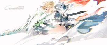 Rule 34 | 1girl, armor, artoria pendragon (fate), artoria pendragon (lancer) (fate), blonde hair, cape, fate/grand order, fate (series), floating cape, from side, gauntlets, greaves, green eyes, hashtag-only commentary, highres, holding, holding polearm, holding weapon, llmia4, polearm, rhongomyniad (fate), solo, thighs, weapon