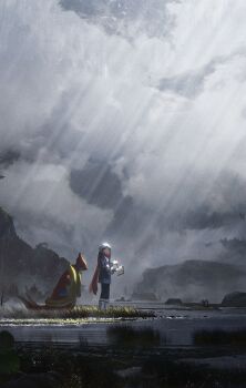 1girl absurdres akari_(pokemon) asteroid_ill black_hair black_pantyhose blue_eyes blue_jacket book calligraphy_brush cloud cloudy_sky creature day floatzel from_side fur_trim gen_4_pokemon grass headscarf highres hippopotas hippopotas_(male) holding holding_book holding_calligraphy_brush holding_paintbrush jacket light_rays long_hair long_sleeves looking_at_viewer nintendo outdoors paintbrush pantyhose pokemon pokemon_(creature) pokemon_legends:_arceus red_scarf scarf scenery sidelocks sky standing sunbeam sunlight teeth upper_teeth_only water white_footwear white_headscarf white_headwear wide_shot writing