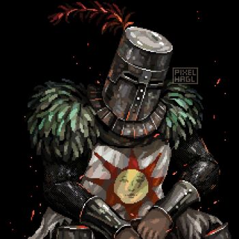 1boy armor artist_name black_background bracer chainmail commentary dark_souls_(series) dark_souls_i english_commentary helm helmet knight male_focus pixel_art pixel_hagl plume sitting solaire_of_astora solo tabard