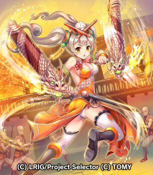 1girl 3boys ass black_boots blonde_hair boots breasts china_dress chinese_clothes cleavage cleavage_cutout clothing_cutout copyright_notice dress green_eyes hokuyuu holding_rocket long_hair looking_at_viewer medium_breasts multiple_boys official_art open_mouth panties rocket solo thighhighs tonfa_(wixoss) twintails underwear white_panties white_thighhighs wixoss yellow_dress